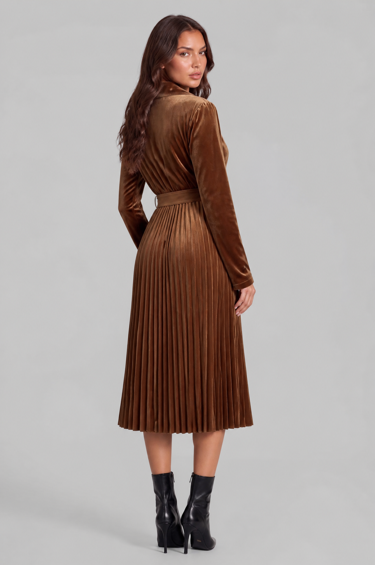 Velvet Pleated Midi Dress with Buckle Belt Audrey Calvero