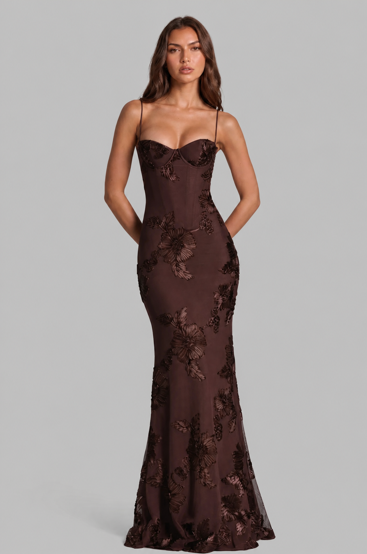 Floral Appliqué Corset Maxi Dress Audrey Calvero