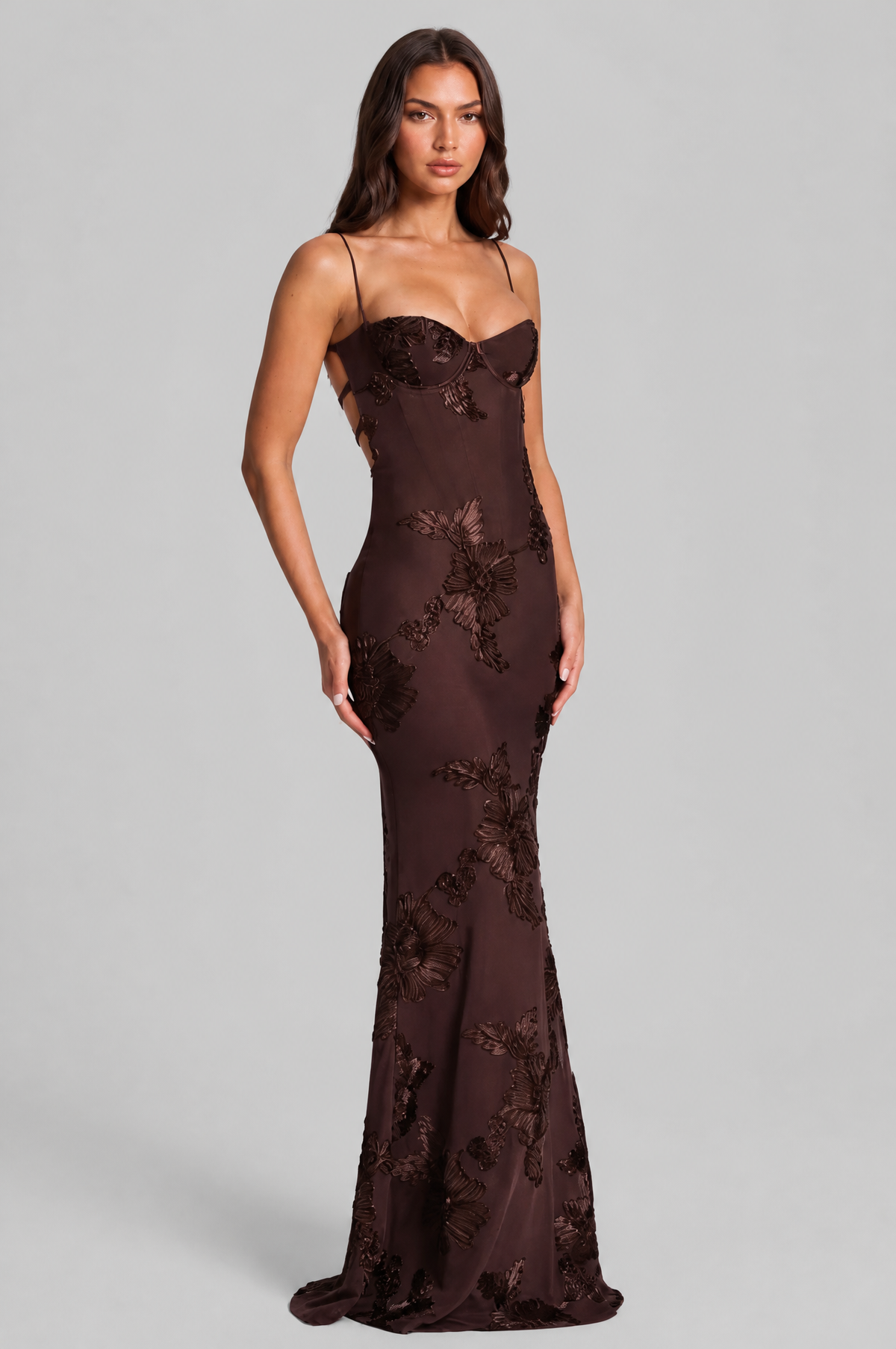 Floral Appliqué Corset Maxi Dress Audrey Calvero