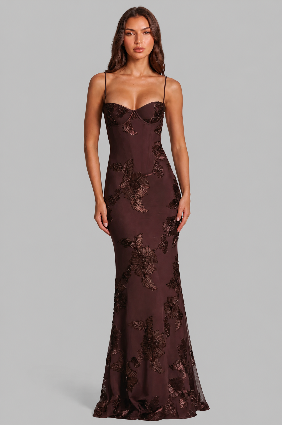 Floral Appliqué Corset Maxi Dress Audrey Calvero