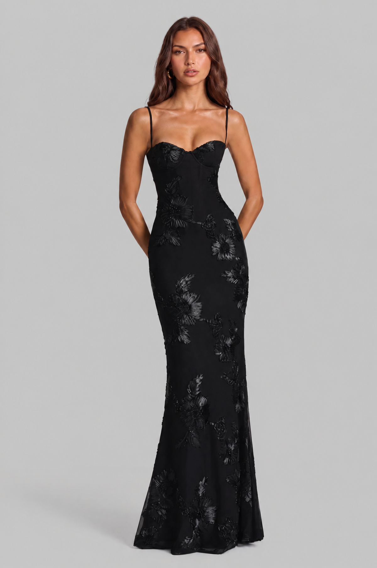 Floral Appliqué Corset Maxi Dress Audrey Calvero