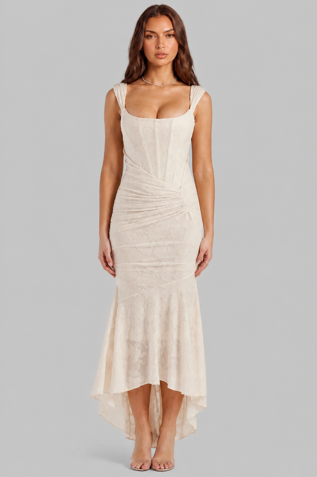 Corset Midi Dress with High Low Hem Audrey Calvero