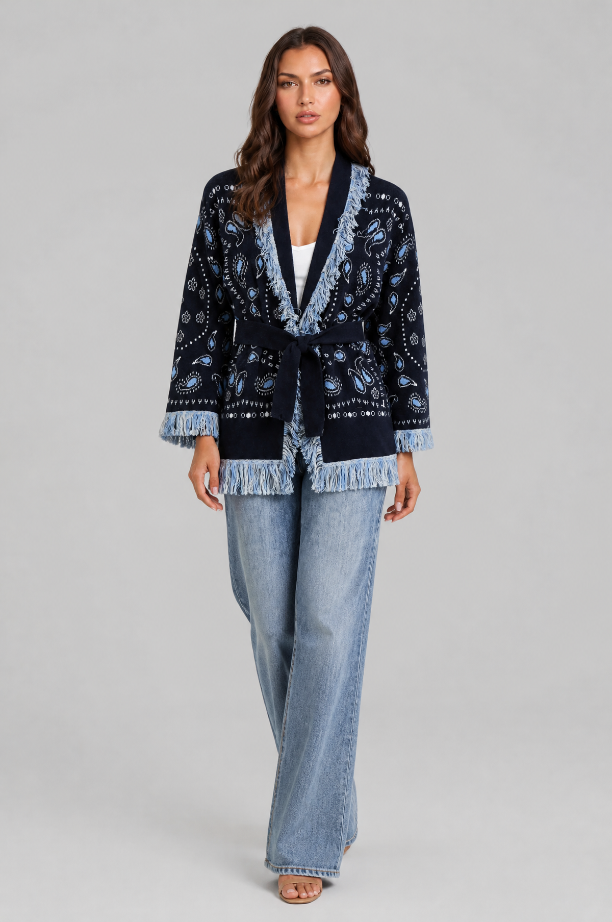 Paisley Kimono Cardigan with Fringe Trim Audrey Calvero