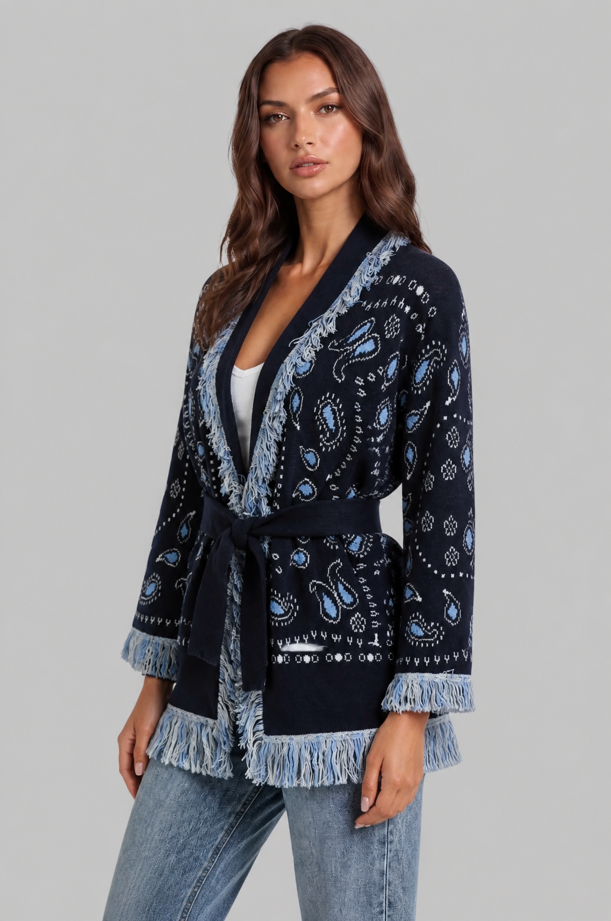 Paisley Kimono Cardigan with Fringe Trim Audrey Calvero