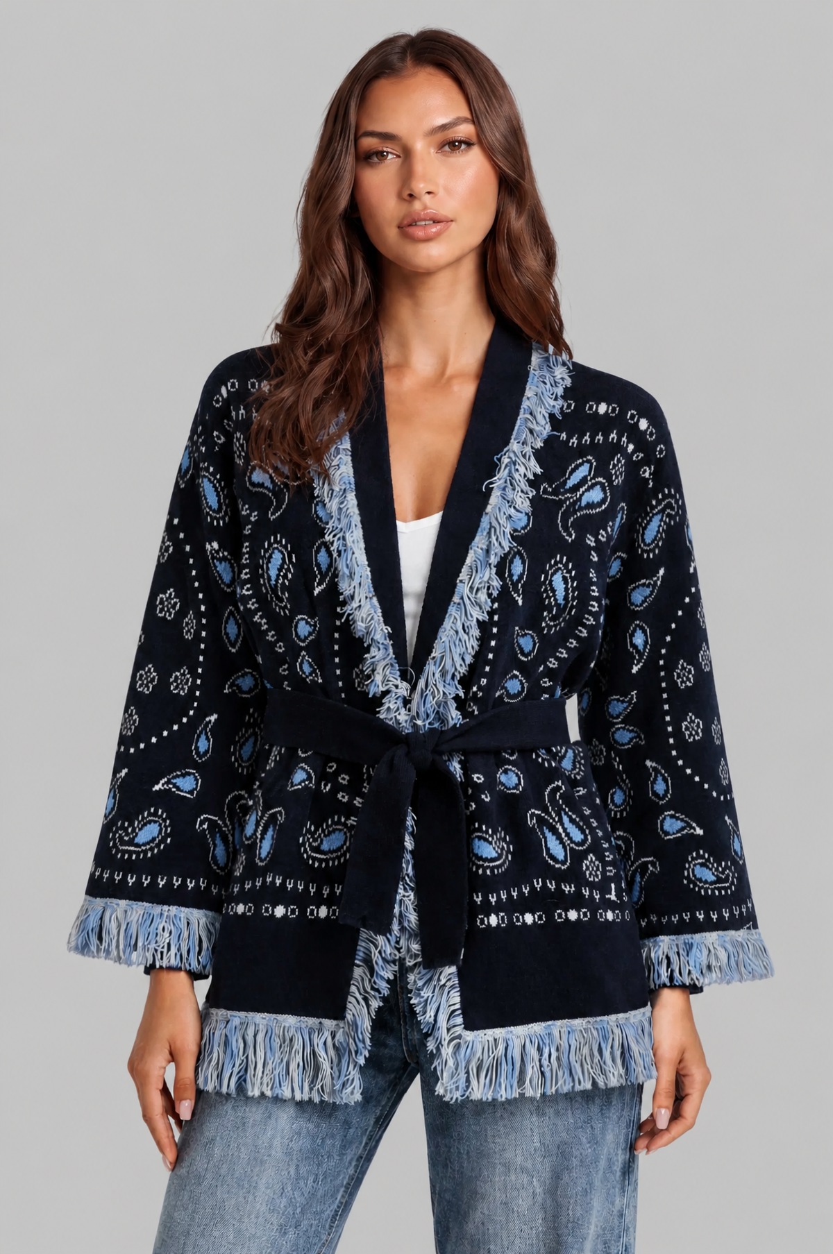 Paisley Kimono Cardigan with Fringe Trim Audrey Calvero