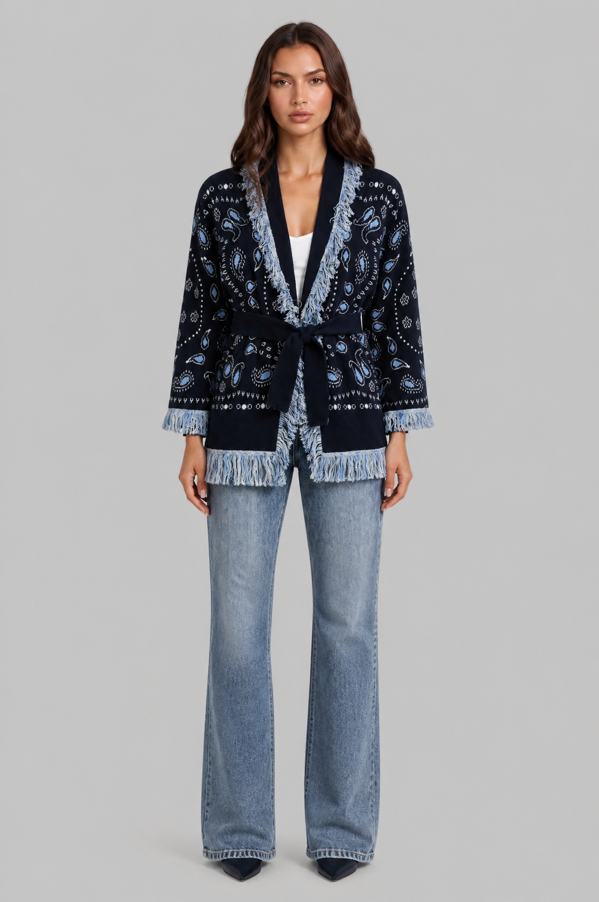 Paisley Kimono Cardigan with Fringe Trim Audrey Calvero