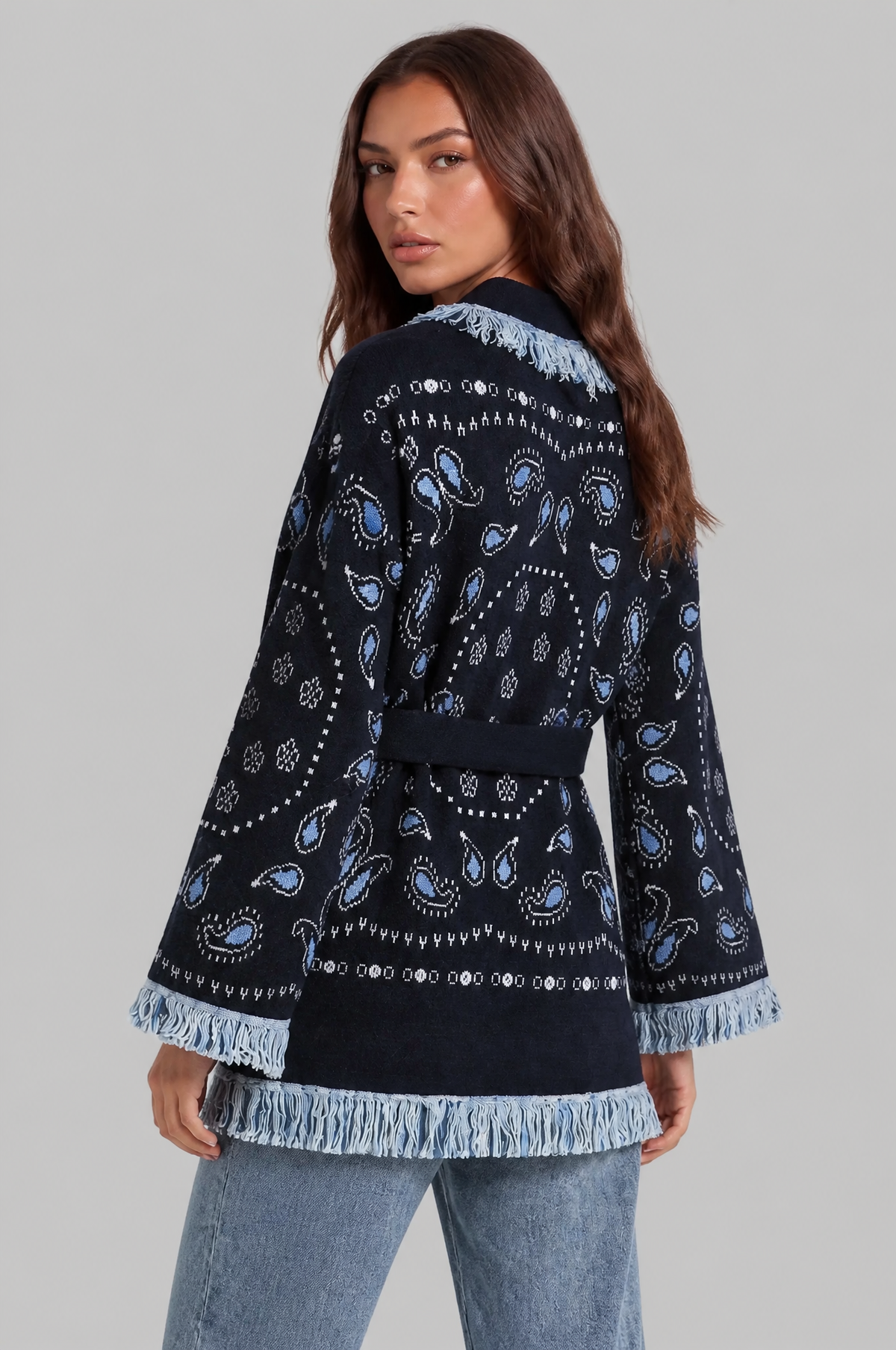 Paisley Kimono Cardigan with Fringe Trim Audrey Calvero