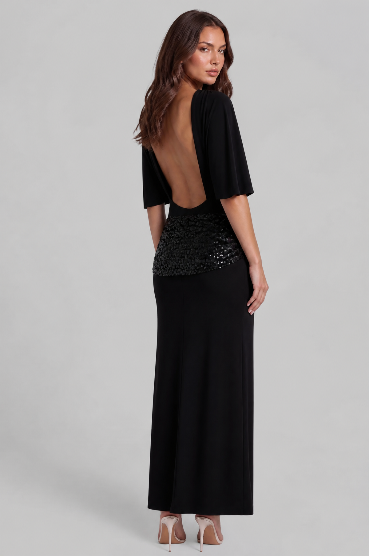 Backless Maxi Dress with Sequin Sash Audrey Calvero