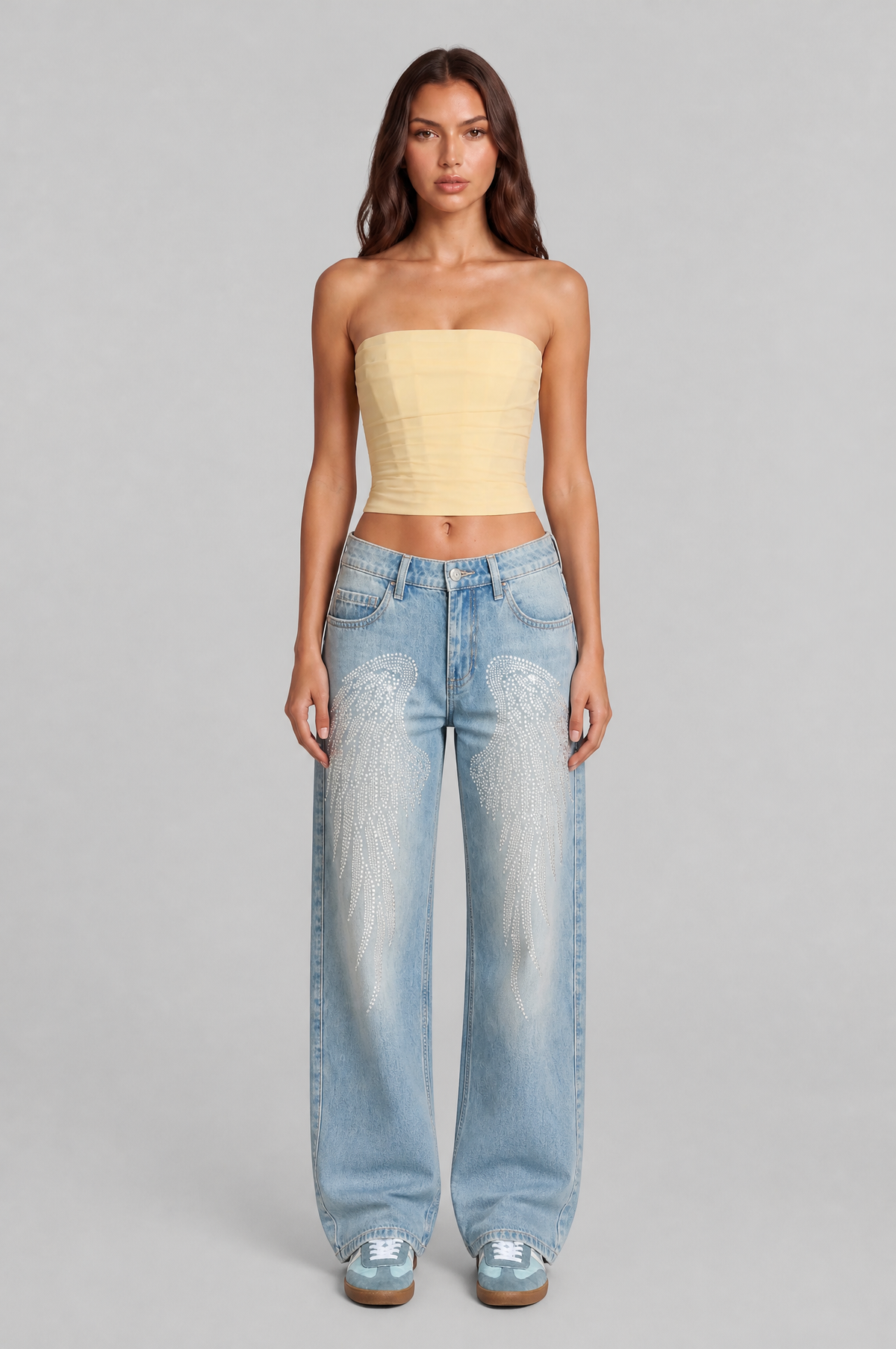 Wide Leg Jeans with Rhinestone Wings Audrey Calvero