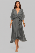 Chiffon Wrap Midi Dress with Tie Waist Audrey Calvero