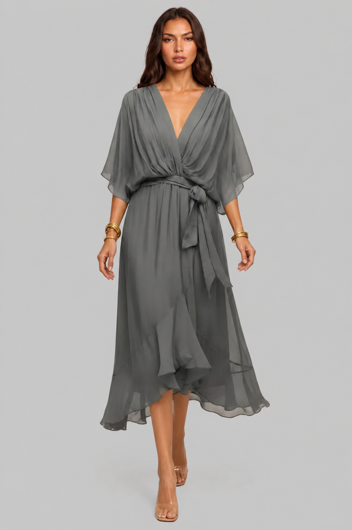 Chiffon Wrap Midi Dress with Tie Waist Audrey Calvero