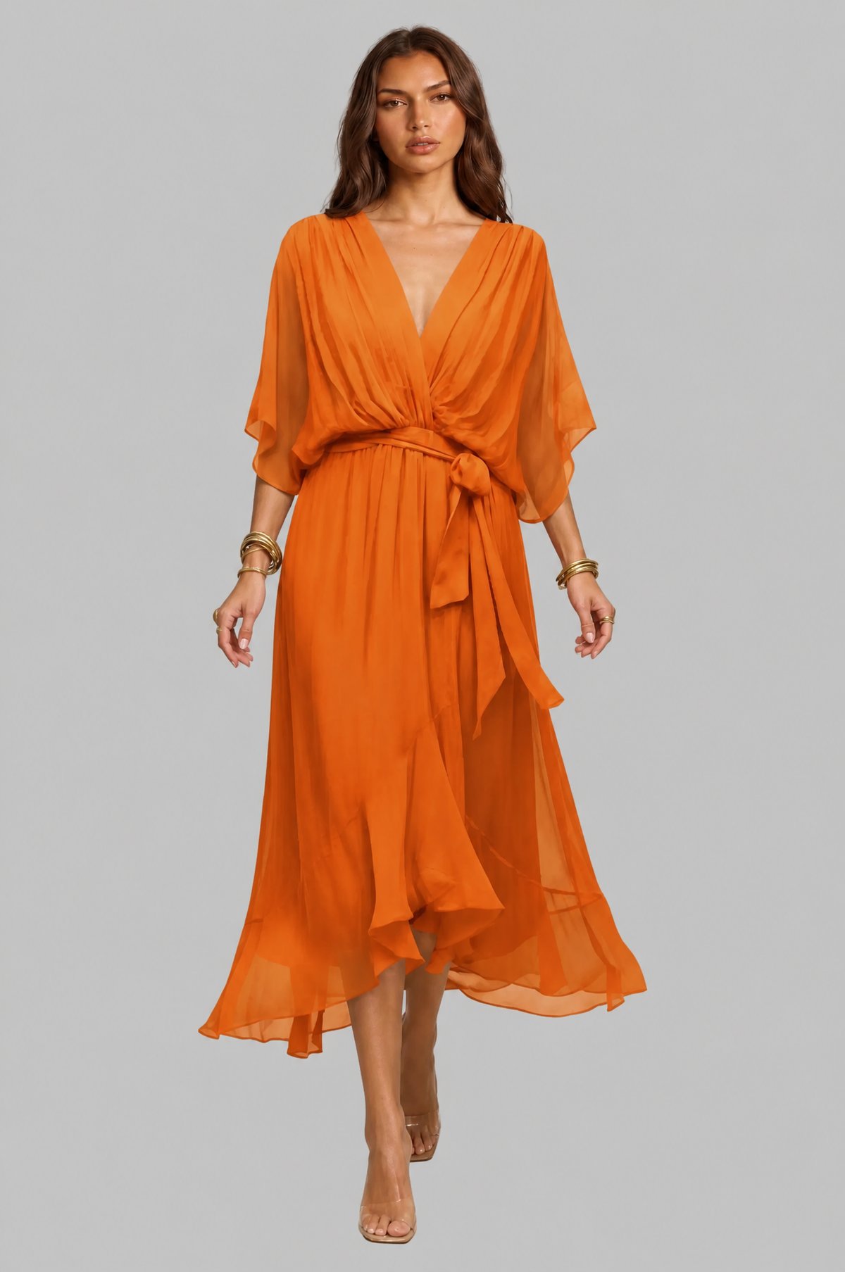 Chiffon Wrap Midi Dress with Tie Waist Audrey Calvero