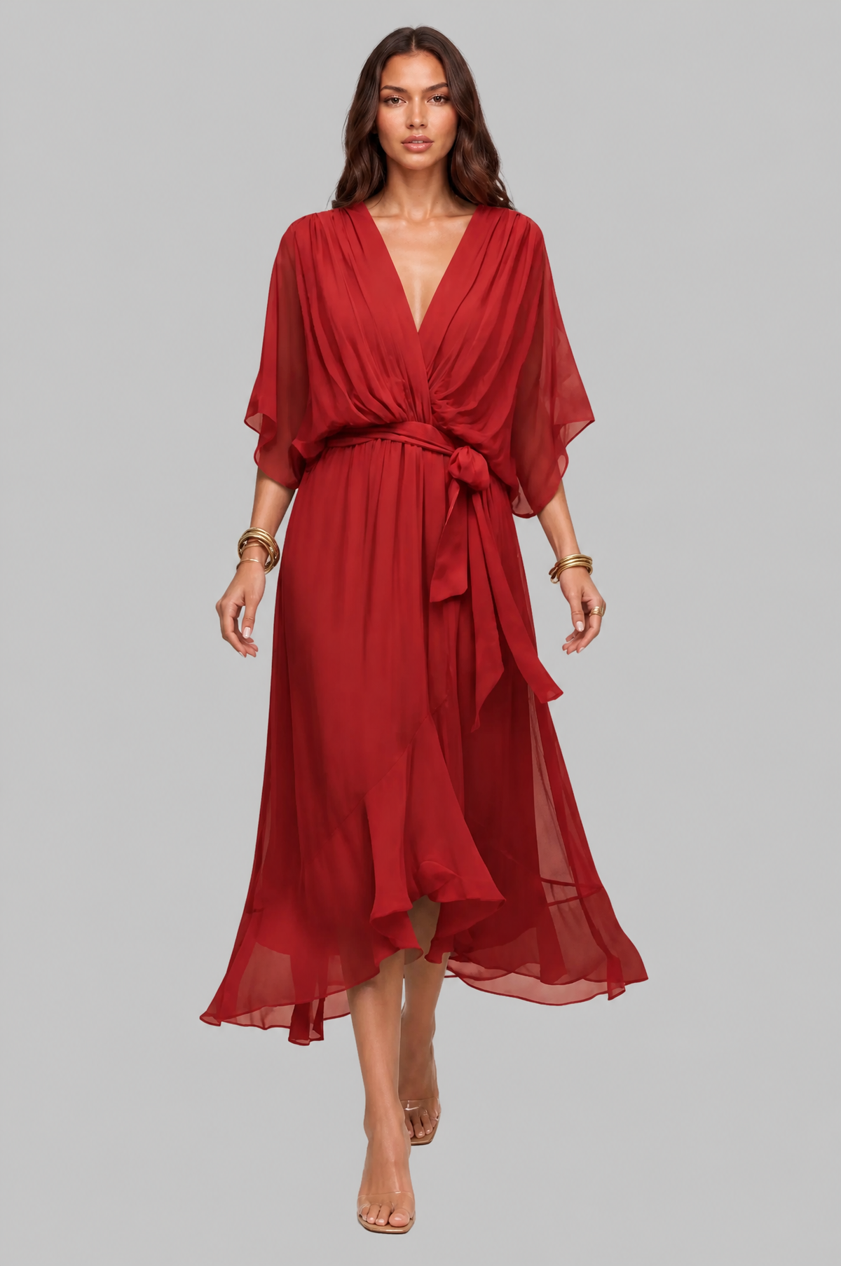 Chiffon Wrap Midi Dress with Tie Waist Audrey Calvero