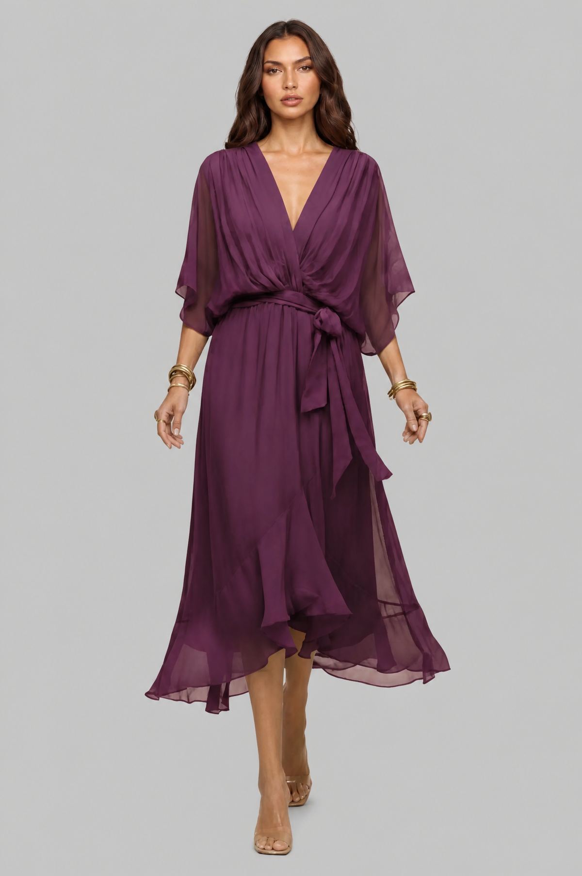 Chiffon Wrap Midi Dress with Tie Waist Audrey Calvero