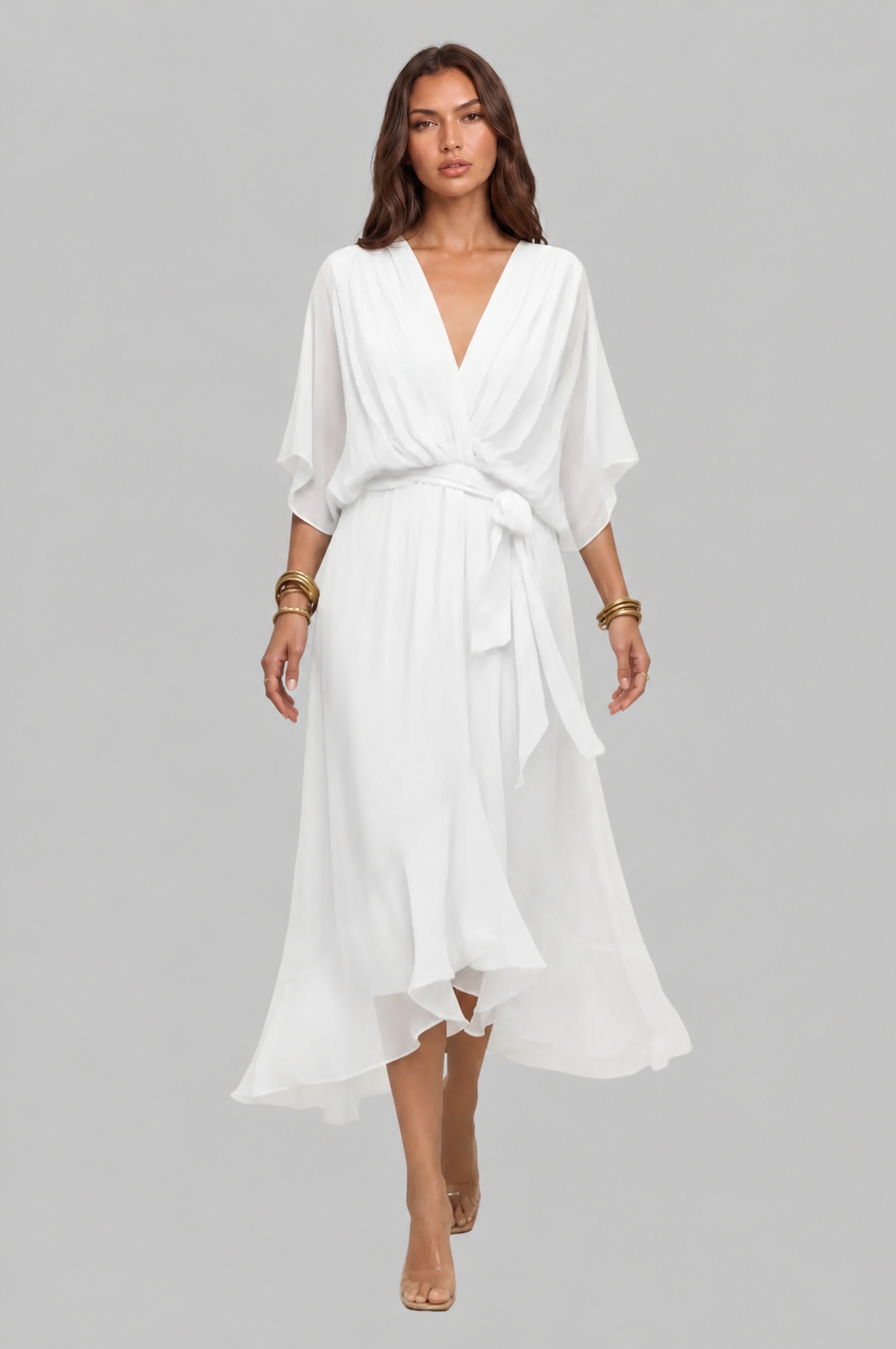 Chiffon Wrap Midi Dress with Tie Waist Audrey Calvero