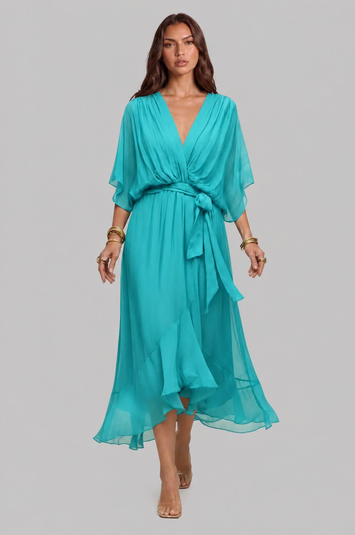 Chiffon Wrap Midi Dress with Tie Waist Audrey Calvero