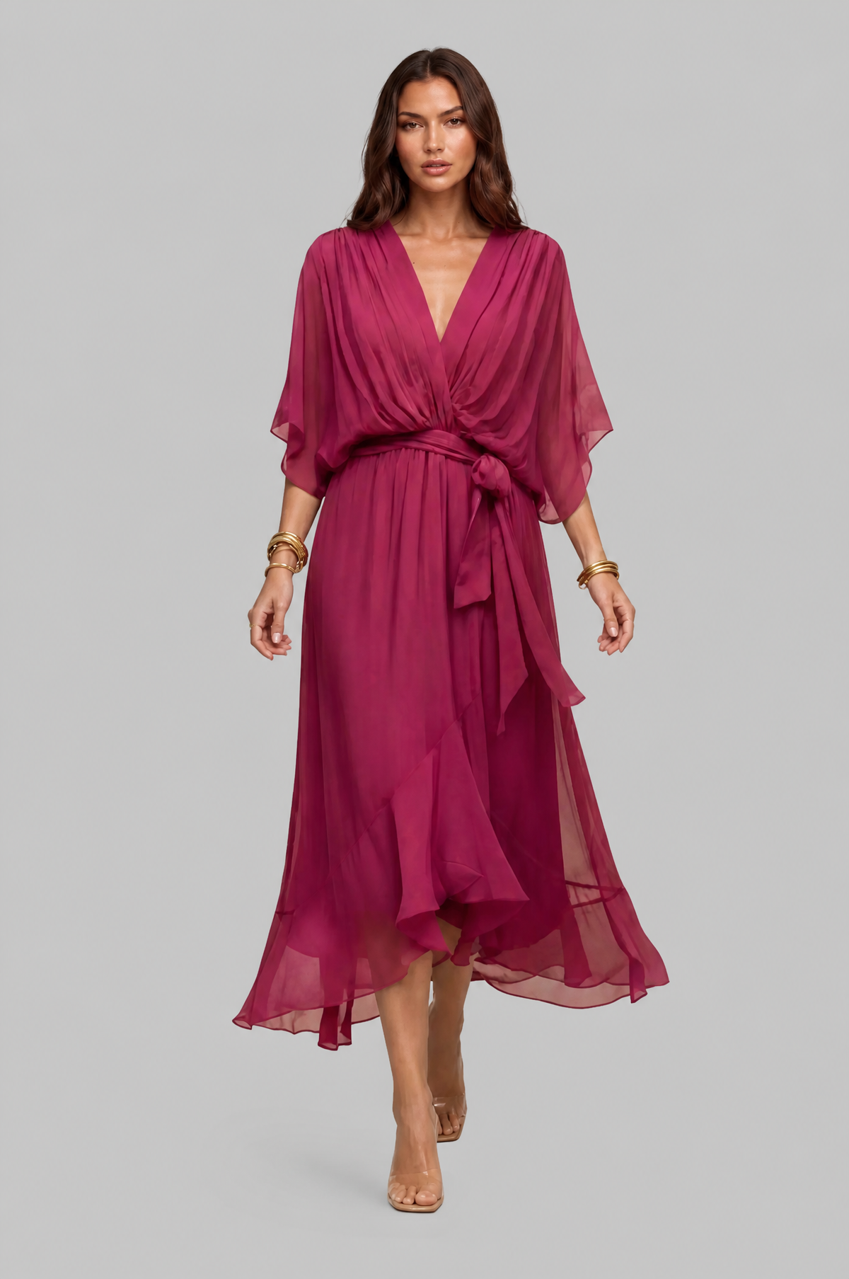 Chiffon Wrap Midi Dress with Tie Waist Audrey Calvero