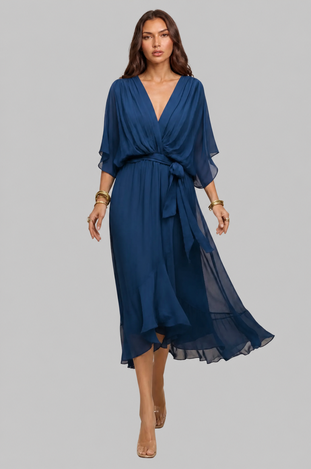 Chiffon Wrap Midi Dress with Tie Waist Audrey Calvero