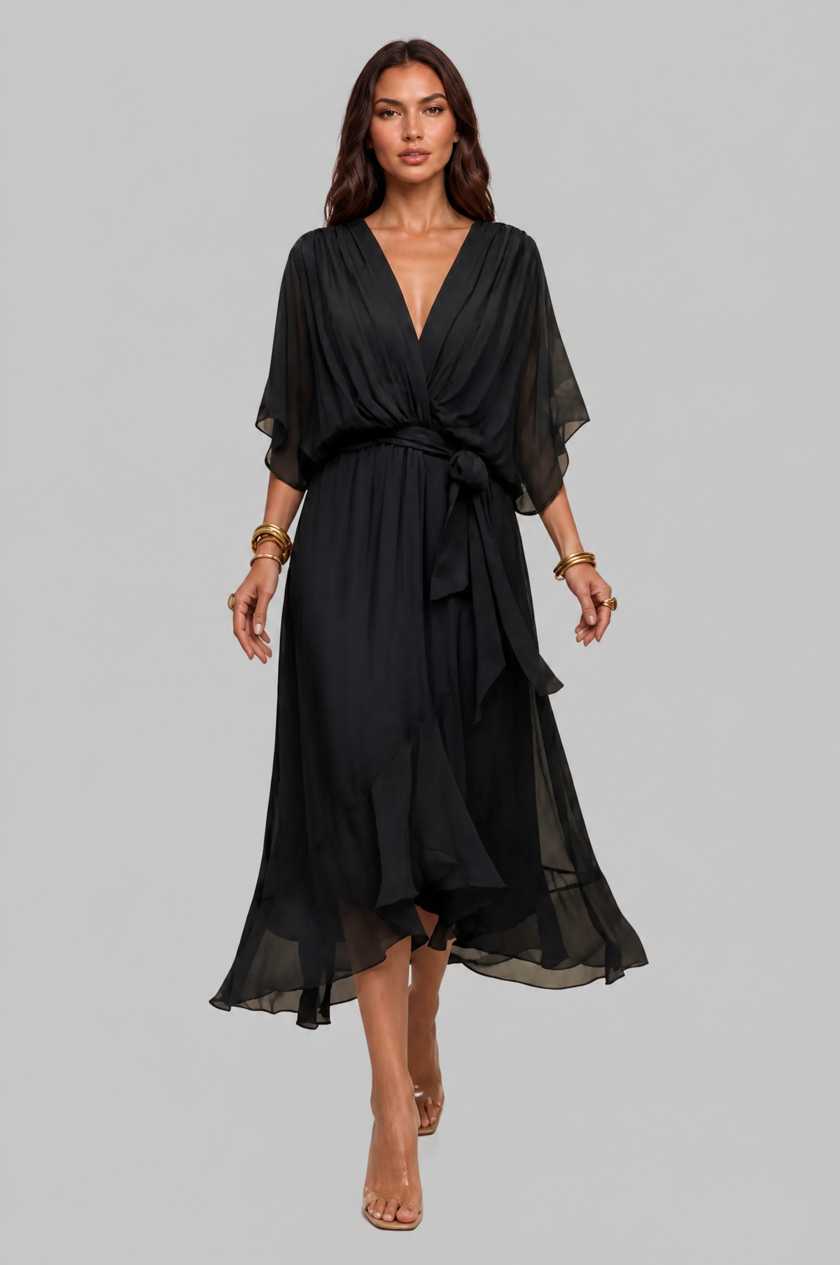 Chiffon Wrap Midi Dress with Tie Waist Audrey Calvero