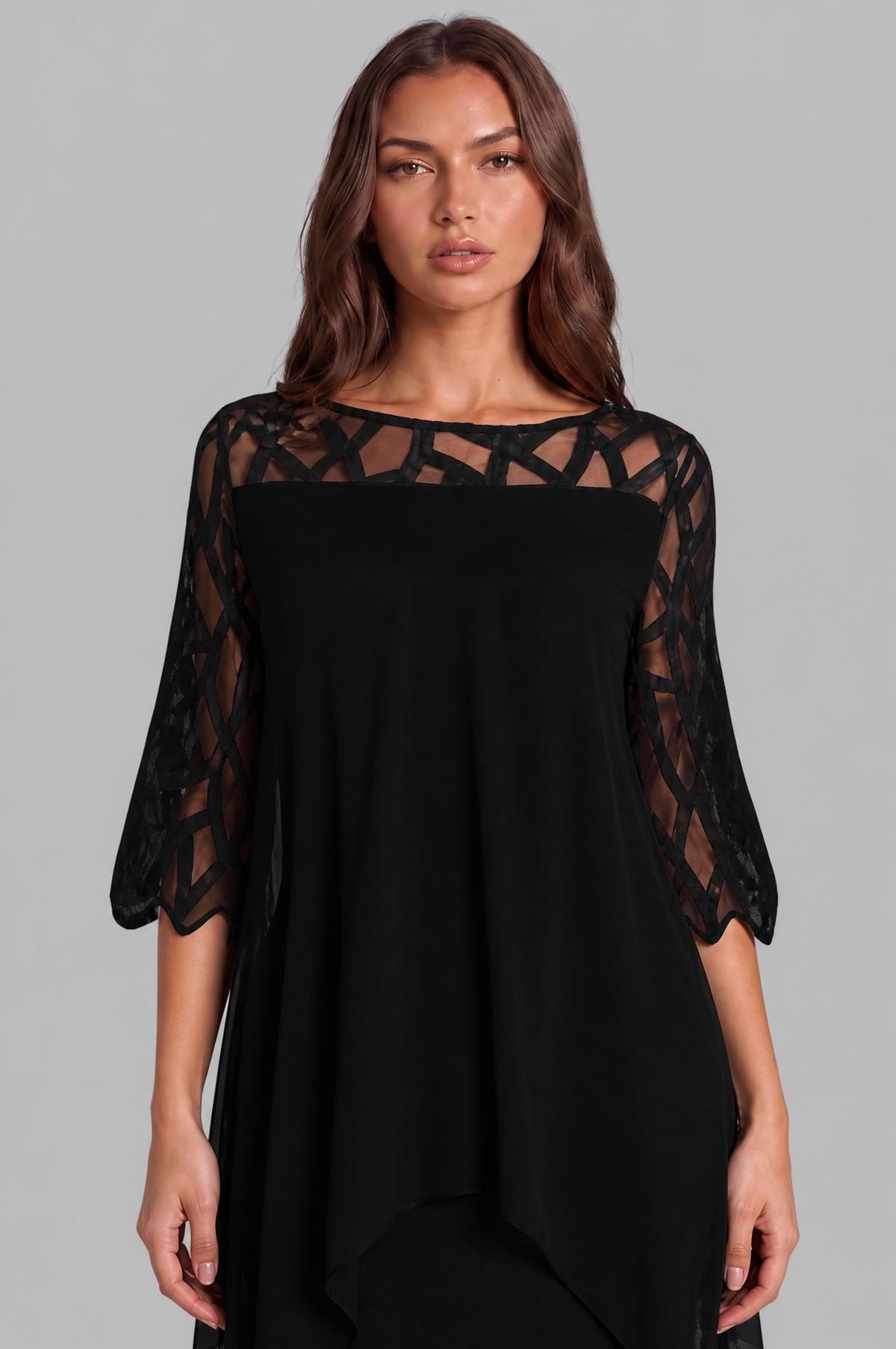 Layered Overlay Dress with Mesh Sleeves Audrey Calvero