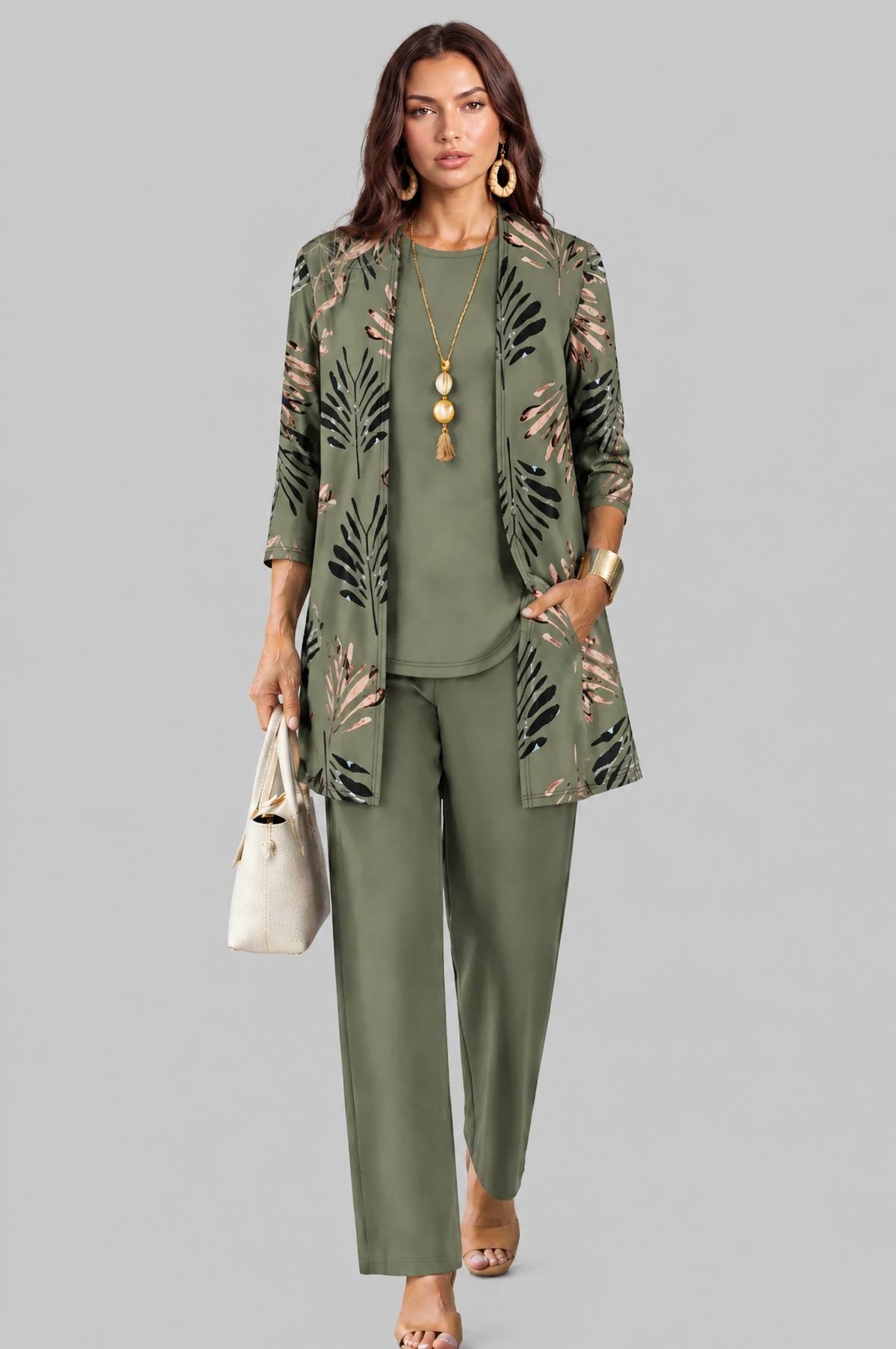 Three Piece Leaf Print Jacket, Top & Trouser Set Noor Laurent