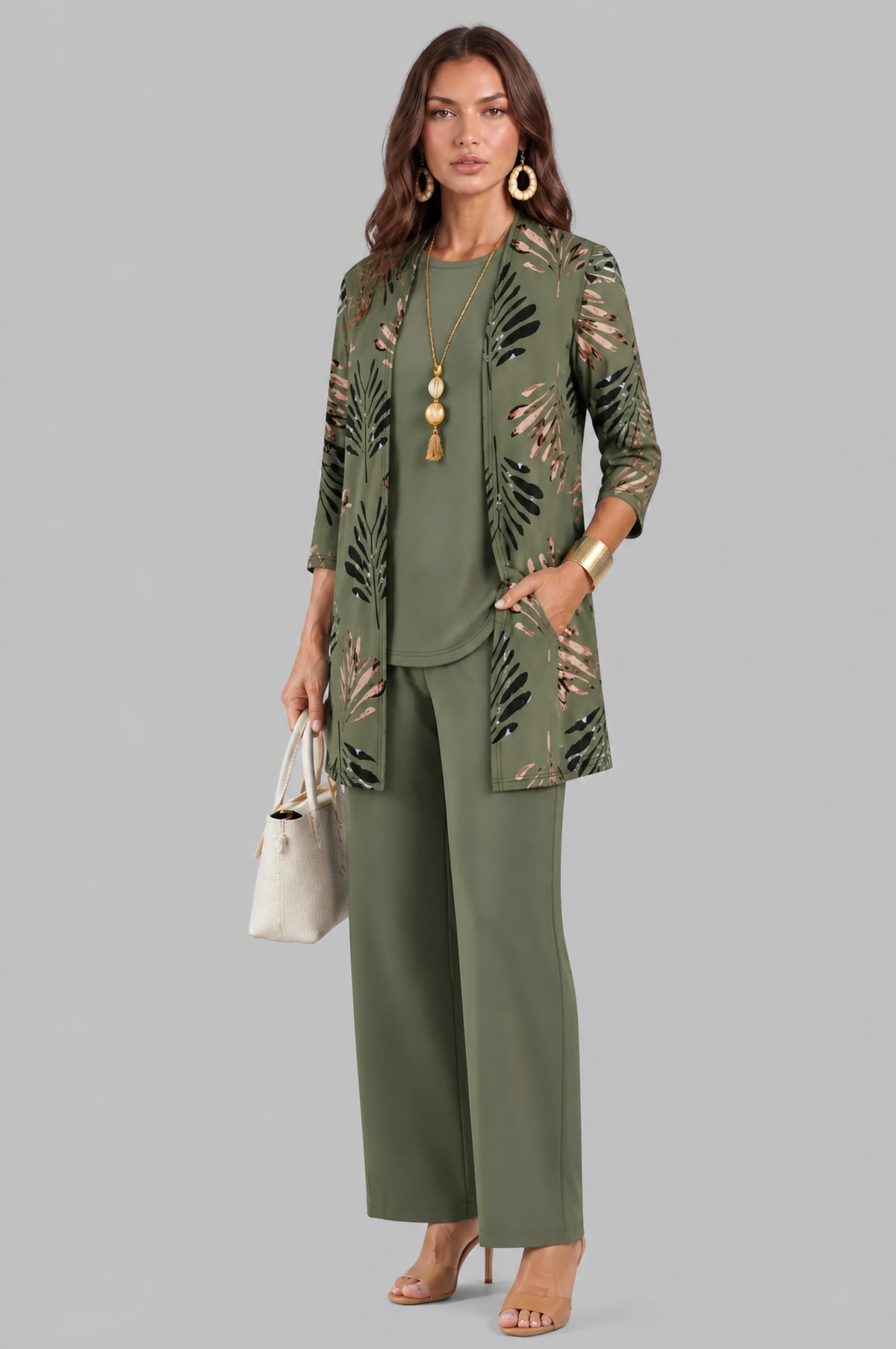 Three Piece Leaf Print Jacket, Top & Trouser Set Noor Laurent