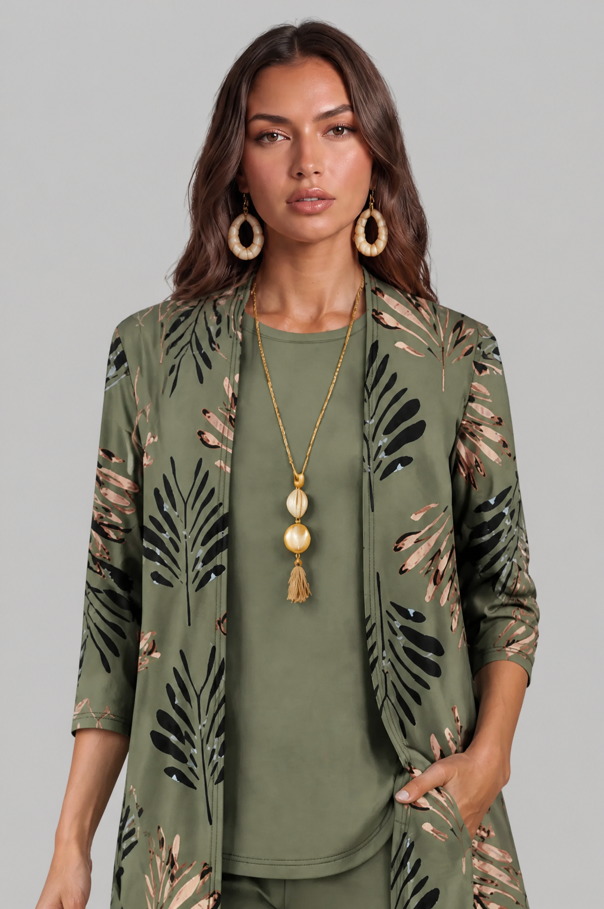 Three Piece Leaf Print Jacket, Top & Trouser Set Noor Laurent