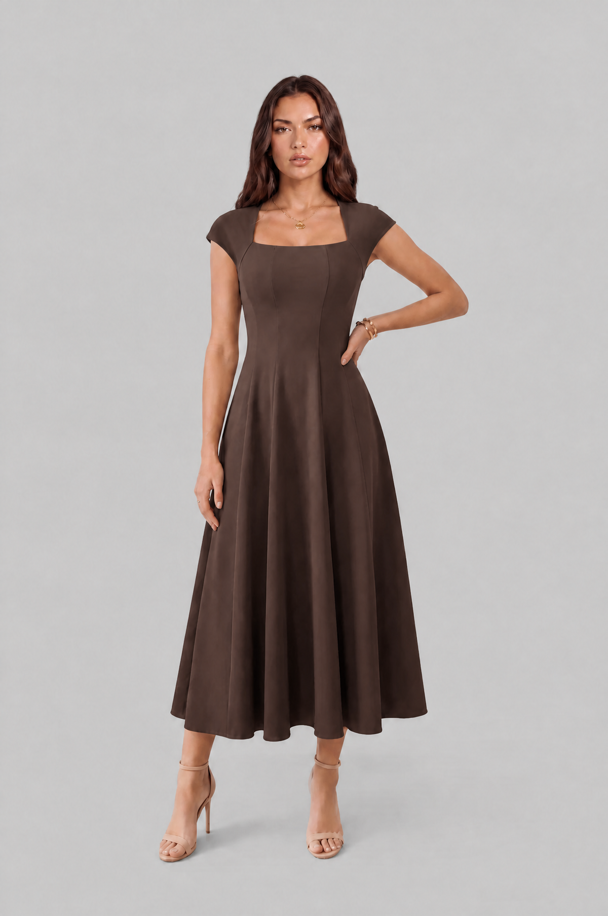 Square Neck A Line Midi Dress Audrey Calvero