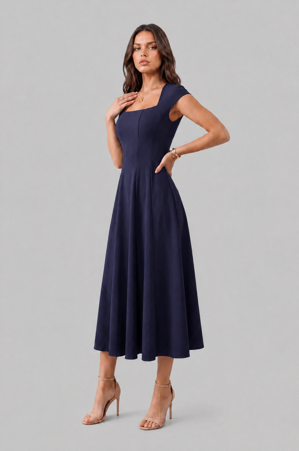 Square Neck A Line Midi Dress Audrey Calvero