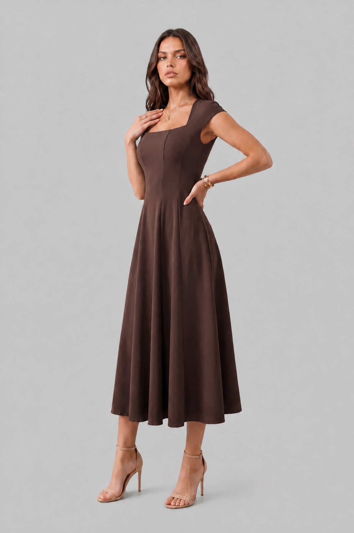 Square Neck A Line Midi Dress Audrey Calvero