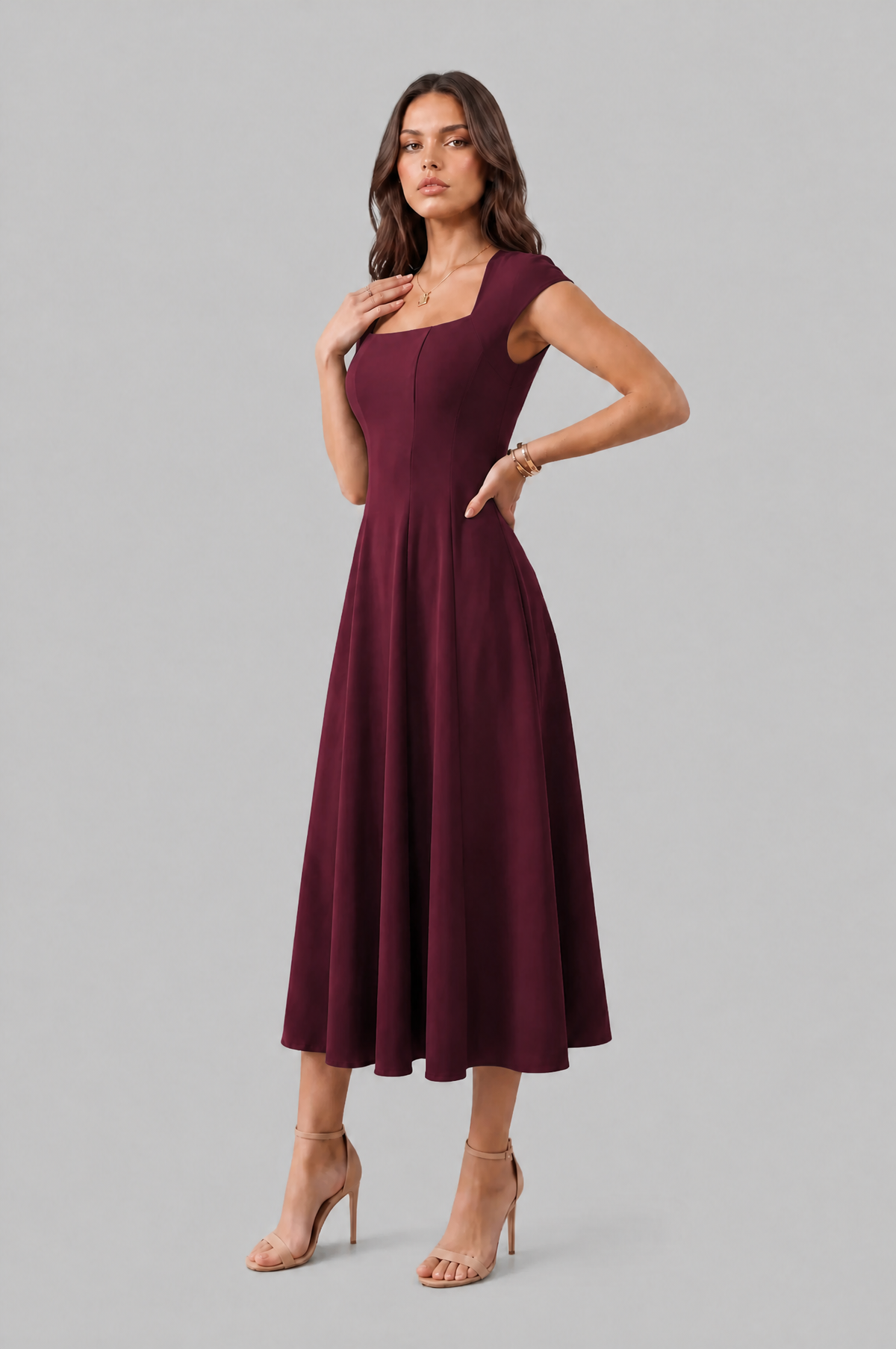 Square Neck A Line Midi Dress Audrey Calvero