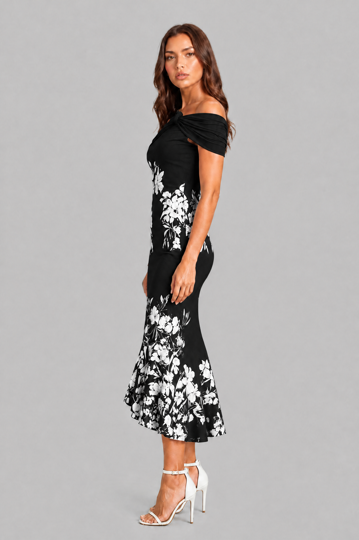 Floral Off Shoulder Midi Dress with Fishtail Hem Audrey Calvero