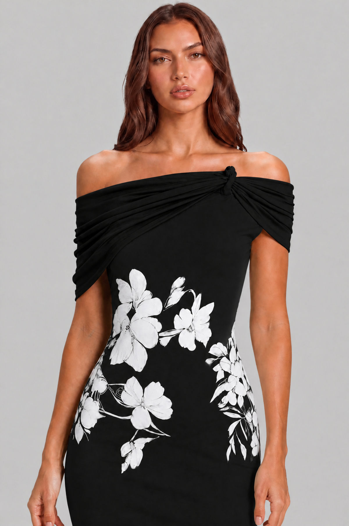 Floral Off Shoulder Midi Dress with Fishtail Hem Audrey Calvero