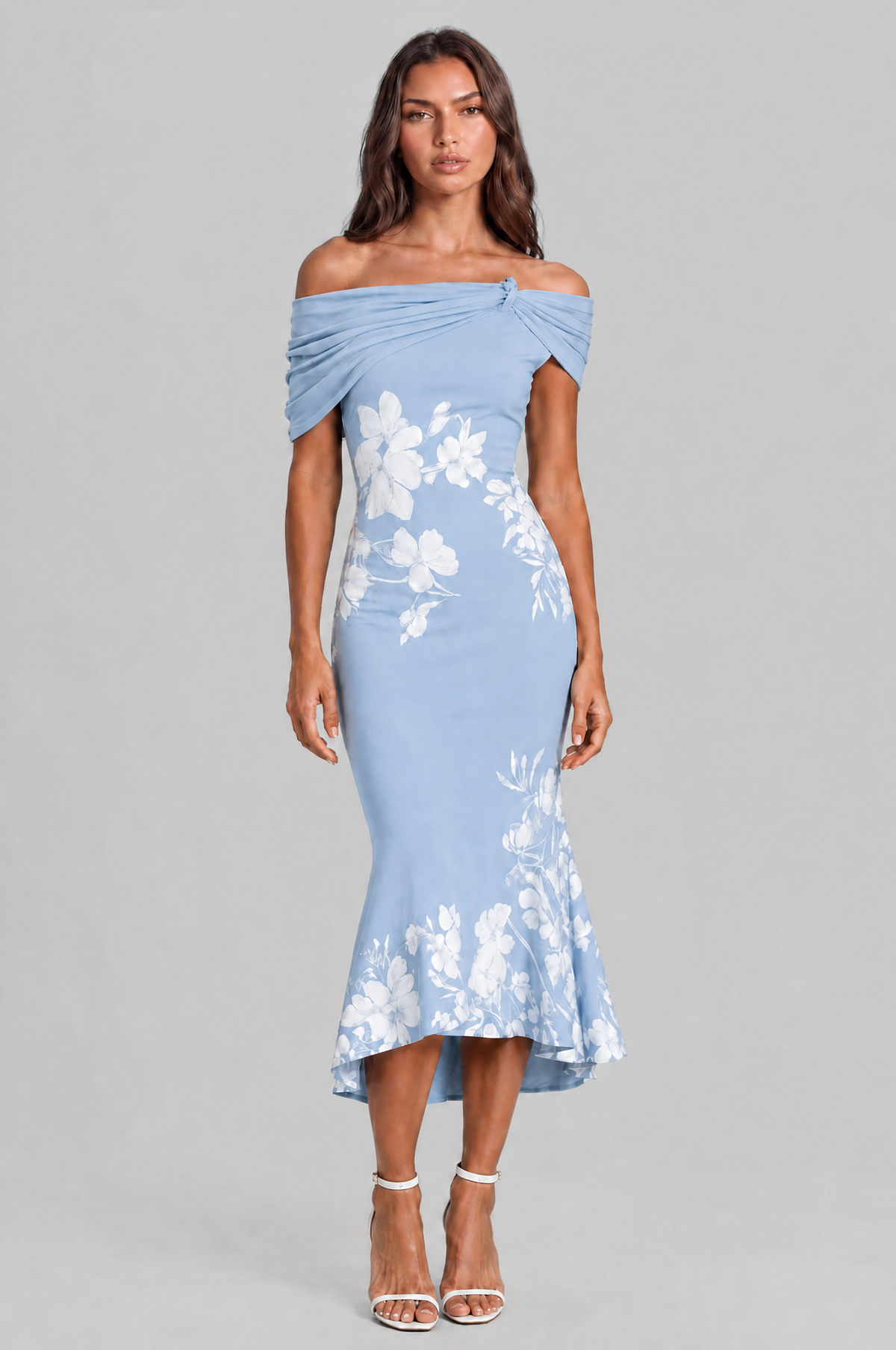 Floral Off Shoulder Midi Dress with Fishtail Hem Audrey Calvero