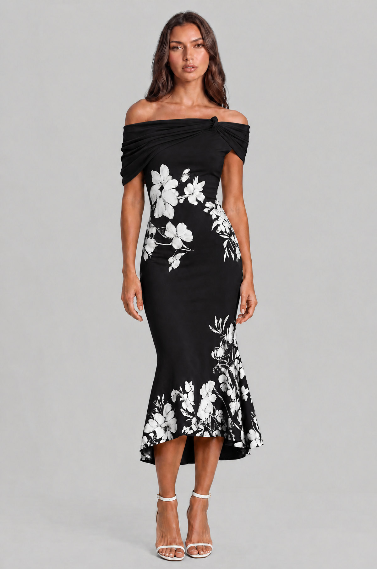 Floral Off Shoulder Midi Dress with Fishtail Hem Audrey Calvero