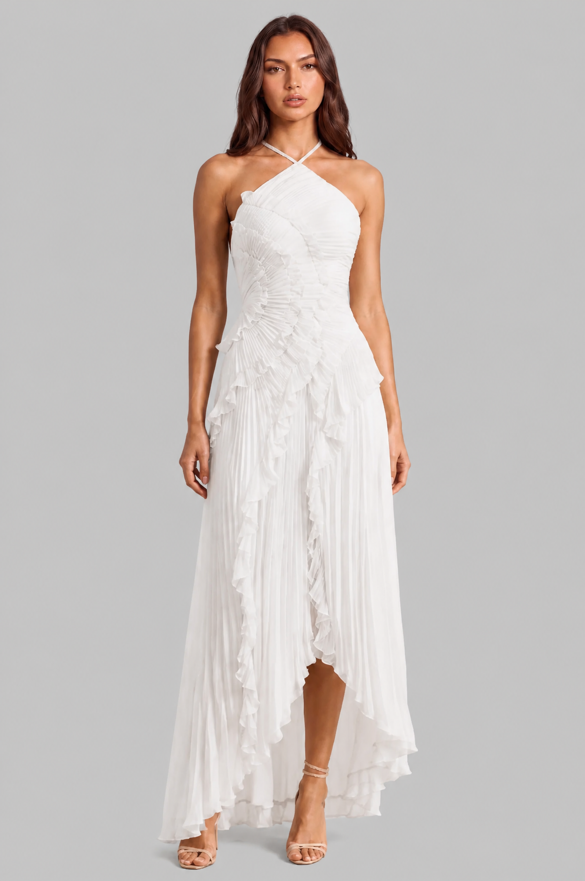 Pleated Ruffle Halter Neck Dress with High Low Hem Audrey Calvero
