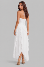 Pleated Ruffle Halter Neck Dress with High Low Hem Audrey Calvero