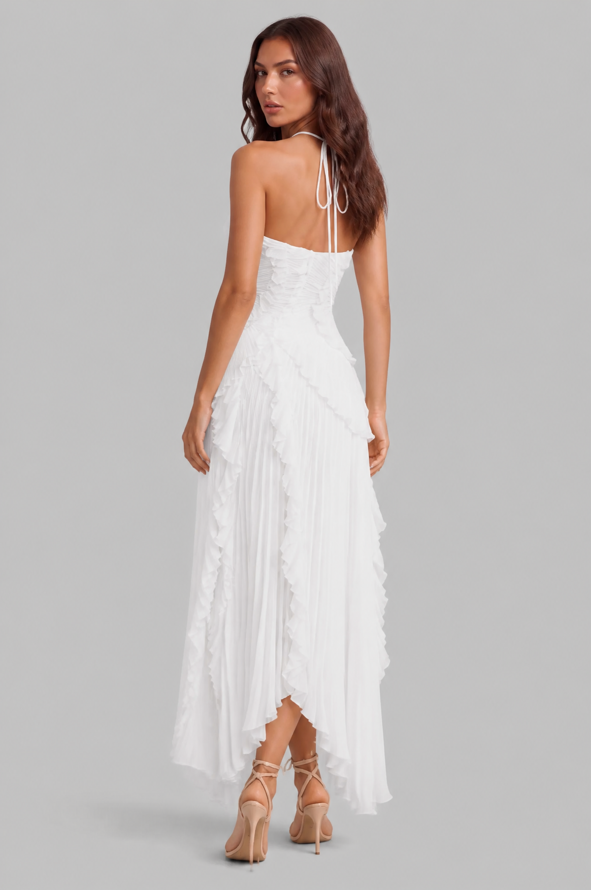 Pleated Ruffle Halter Neck Dress with High Low Hem Audrey Calvero