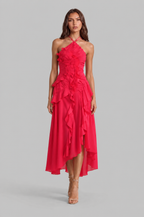 Pleated Ruffle Halter Neck Dress with High Low Hem Audrey Calvero