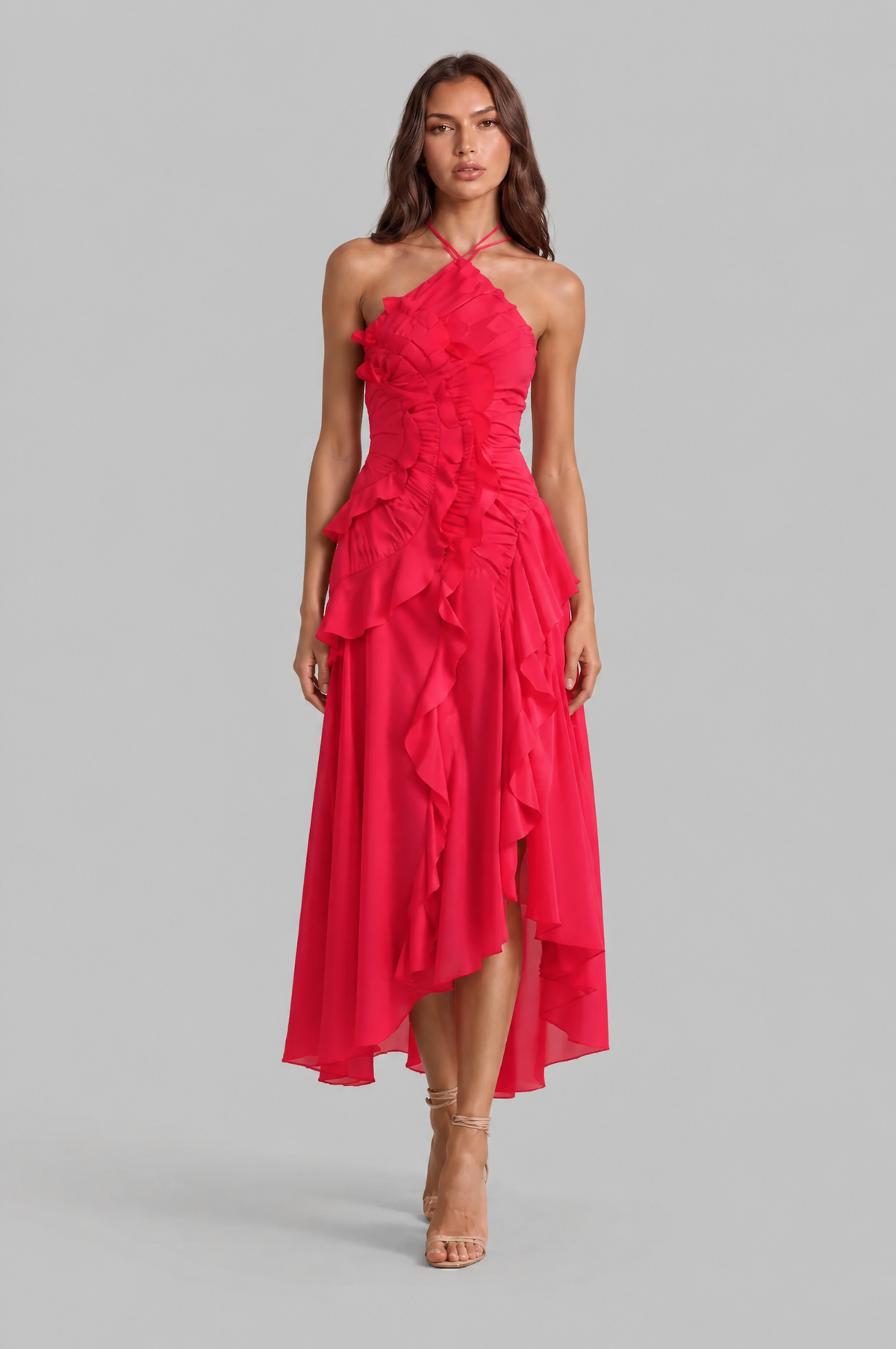 Pleated Ruffle Halter Neck Dress with High Low Hem Audrey Calvero