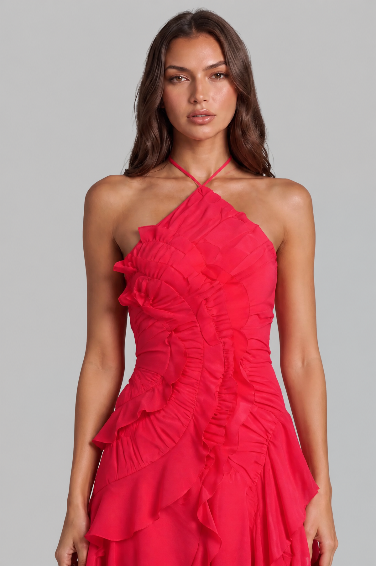 Pleated Ruffle Halter Neck Dress with High Low Hem Audrey Calvero