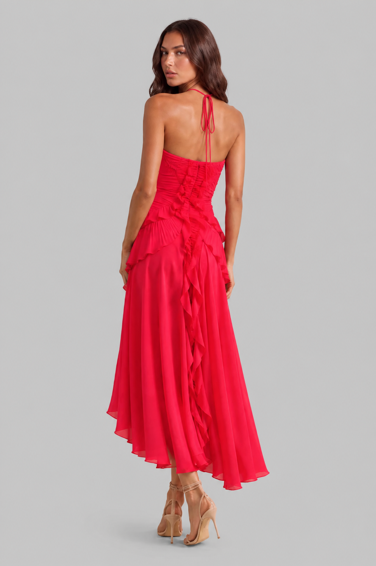 Pleated Ruffle Halter Neck Dress with High Low Hem Audrey Calvero