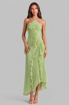 Pleated Ruffle Halter Neck Dress with High Low Hem Audrey Calvero