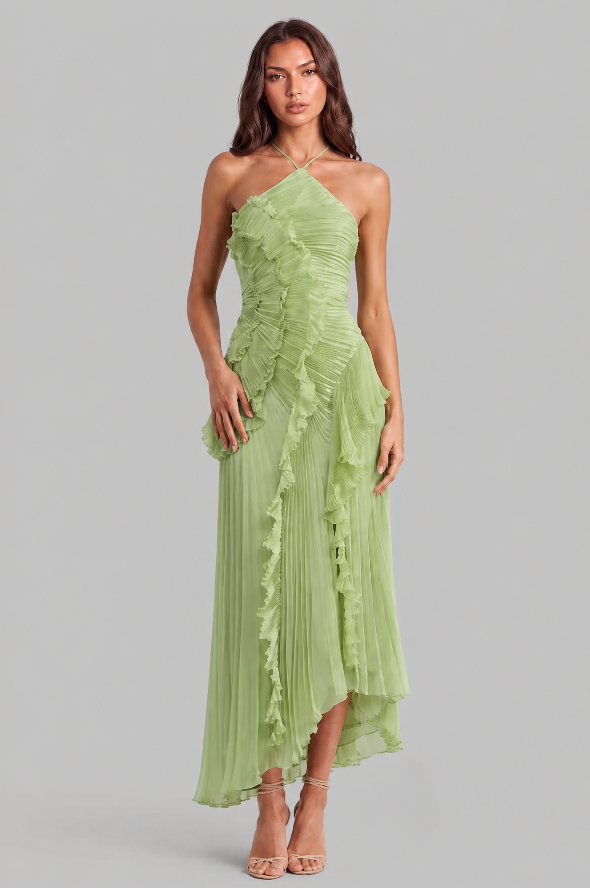 Pleated Ruffle Halter Neck Dress with High Low Hem Audrey Calvero
