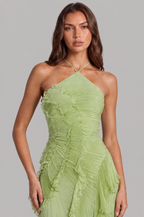 Pleated Ruffle Halter Neck Dress with High Low Hem Audrey Calvero