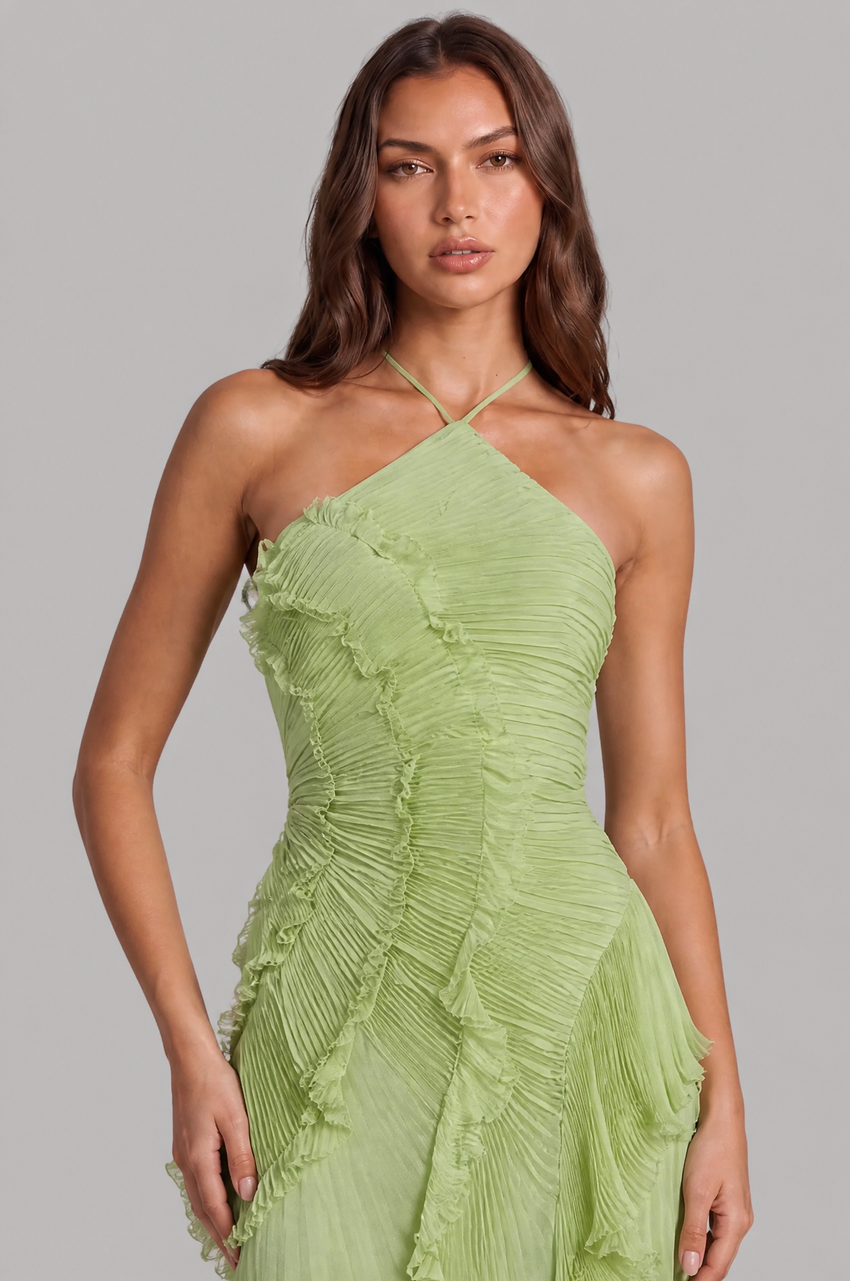 Pleated Ruffle Halter Neck Dress with High Low Hem Audrey Calvero