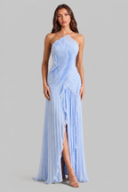Pleated Ruffle Halter Neck Dress with High Low Hem Audrey Calvero