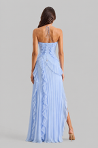 Pleated Ruffle Halter Neck Dress with High Low Hem Audrey Calvero