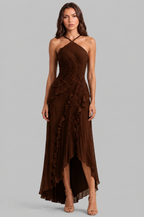 Pleated Ruffle Halter Neck Dress with High Low Hem Audrey Calvero