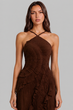 Pleated Ruffle Halter Neck Dress with High Low Hem Audrey Calvero